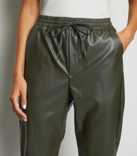 Khaki Coated Leather-look Tie Waist Joggers New Look