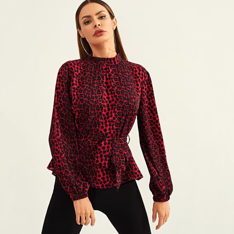 Top Con Cinture E Stampa Leopardo Con Collo Dritto