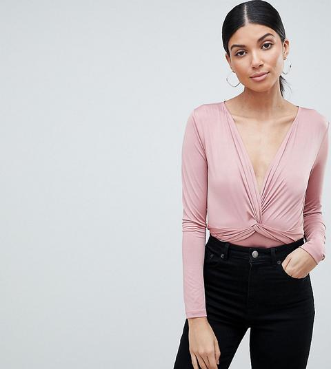 Body De Manga Larga Con Diseño Escotado Y Nudo En La Parte Delantera De Asos Design Tall