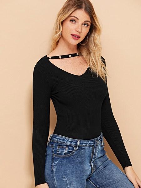 Casuale Plain Imperlato Nero Maglia