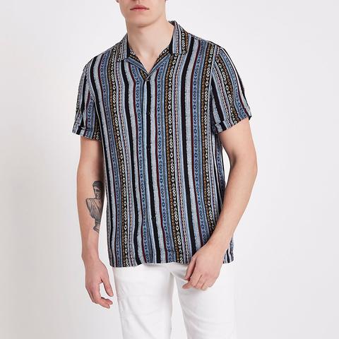 Blue Aztec Print Short Sleeve Revere Shirt