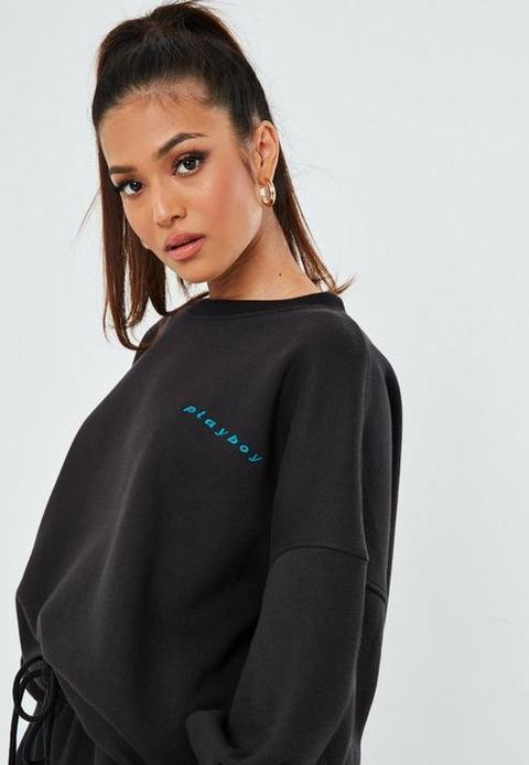 Playboy X Missguided Petite Black Embroidered Oversized Sweatshirt, Black