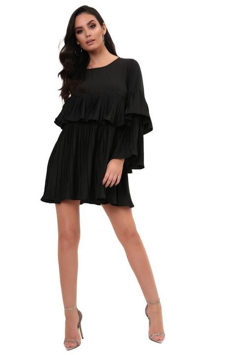 Black Pleated Long Sleeve Swing Dress
