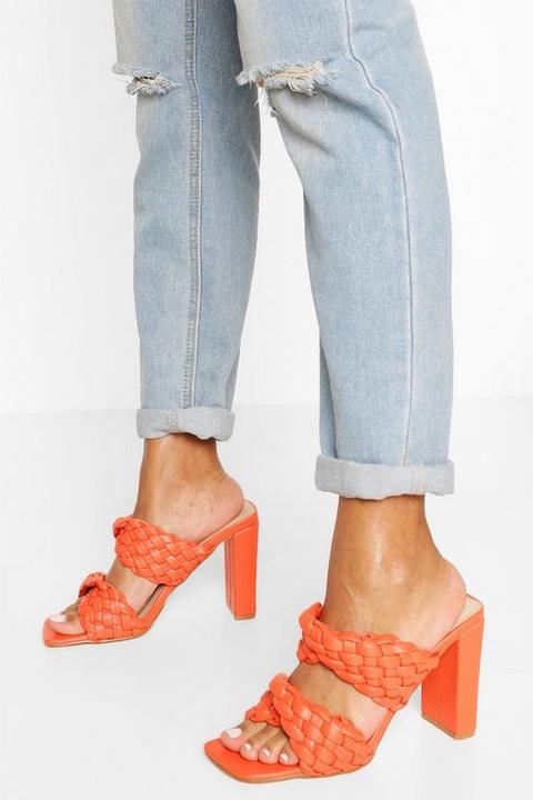 Mules À Talons Carrés Et Double Bride Tissée - Orange - 36, Orange