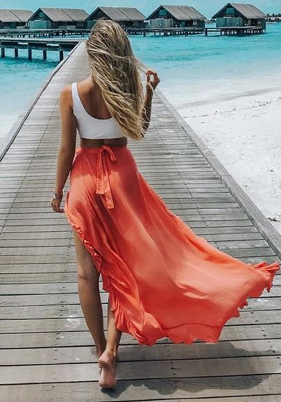 Falda Maxi Hebra Irregulares Correa De Moda Naranja