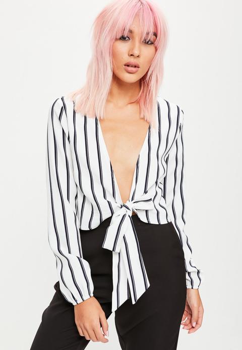 White Stripe Tie Front Crop Top, Black