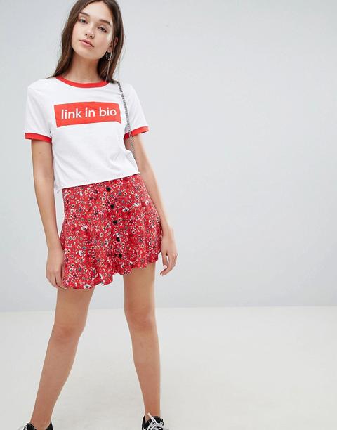 Bershka Floral Button Front Skirt In Red