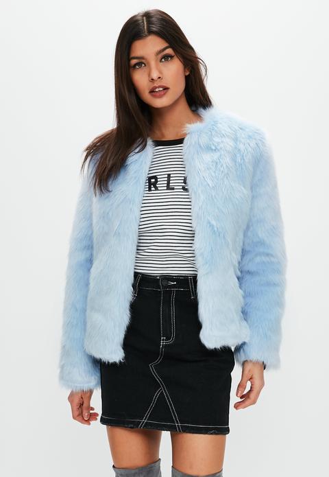 Light Blue Collarless Faux Fur Coat