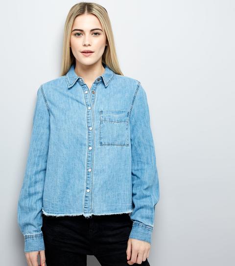 Blue Frayed Hem Denim Shirt