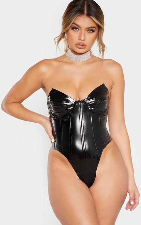 Like A Boss Black PU Faux Leather Strapless Bustier Deep V Neck Lace Up Thong  Bodysuit Top – Indie XO