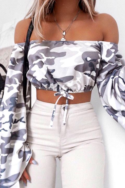 Grey Camo Extreme Flared Sleeved Crop Top - Dalis