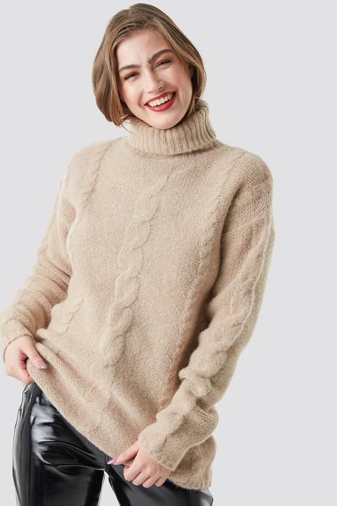 Wool Blend Cable Knitted Sweater Beige