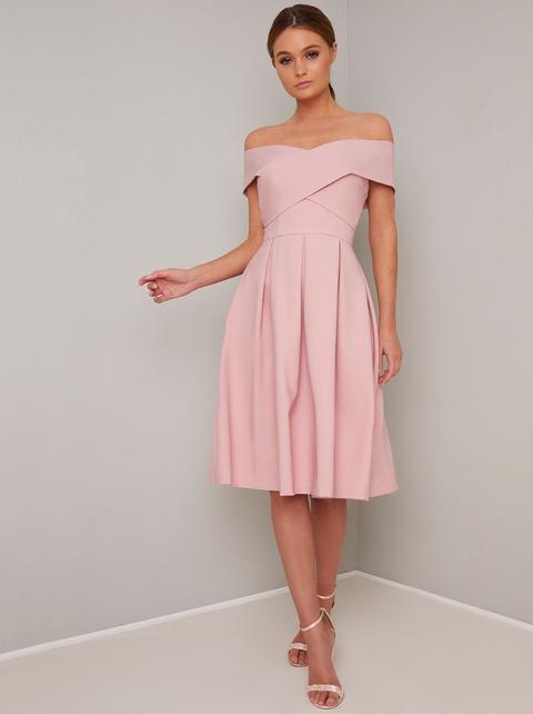 pink bardot midi dress