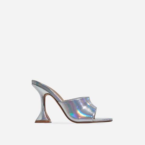 Jordi Peep Square Toe Heel Mule In Silver Holographic Faux Leather, Silver