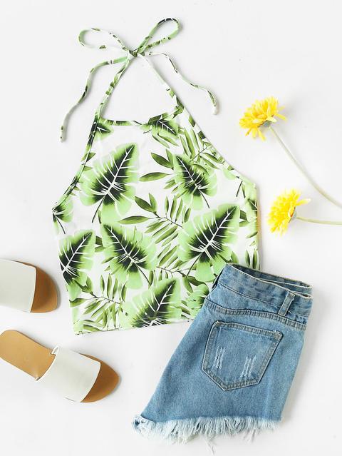 Jungle Leaf Print Self Tie Halter Top