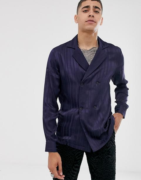 Asos Design Double Breasted Satin Shirt In Navy