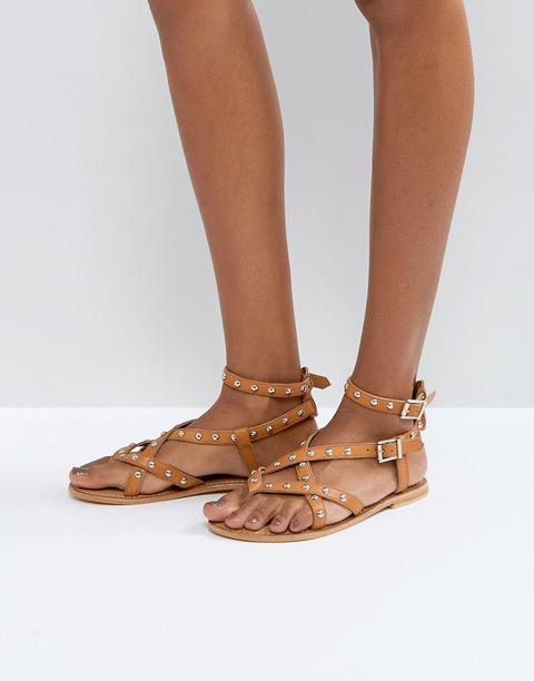 Asos - Frisbee - Sandali Piatti In Pelle - Cuoio