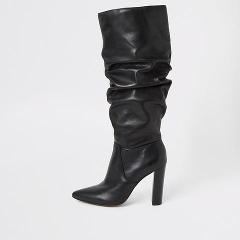 Black Leather Slouch Heel Boot