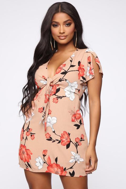 Send Me Flowers Floral Mini Dress - Taupe/combo