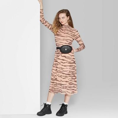 Women's Long Sleeve Mock Neck Tiger Print Mesh Midi Dress - Wild Fable Pink