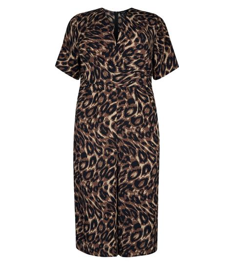 Curves Brown Leopard Print Wrap Front Jumpsuit New Look