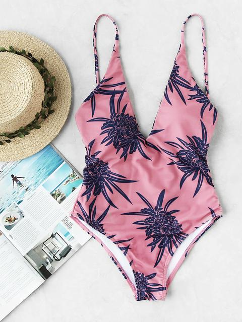 Calico Print Plunge Neckline Swimsuit