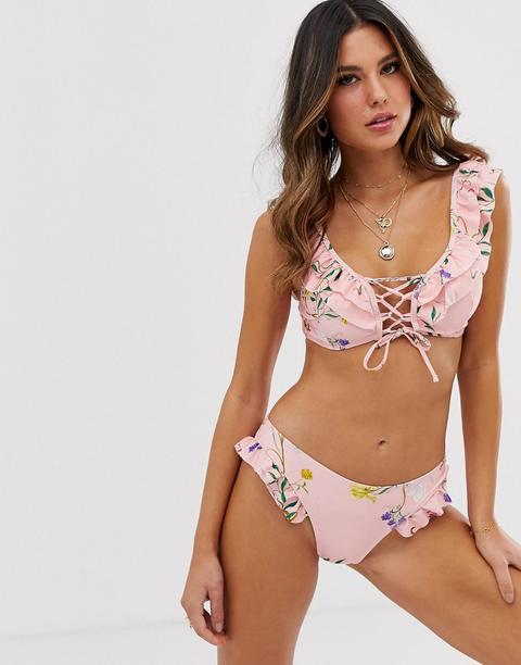 Bikini Con Parte Delantera De Encaje Con Escote Redondeado Con Volante Y Diseño Floral De Jardín De Unique21-rosa