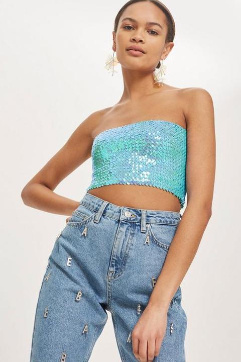 Womens Sequin Bandeau Top - Blue, Blue