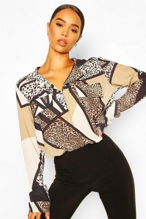 Blusa Entrelazada Con Detalle Utility Y Estampado Animal, Marrón
