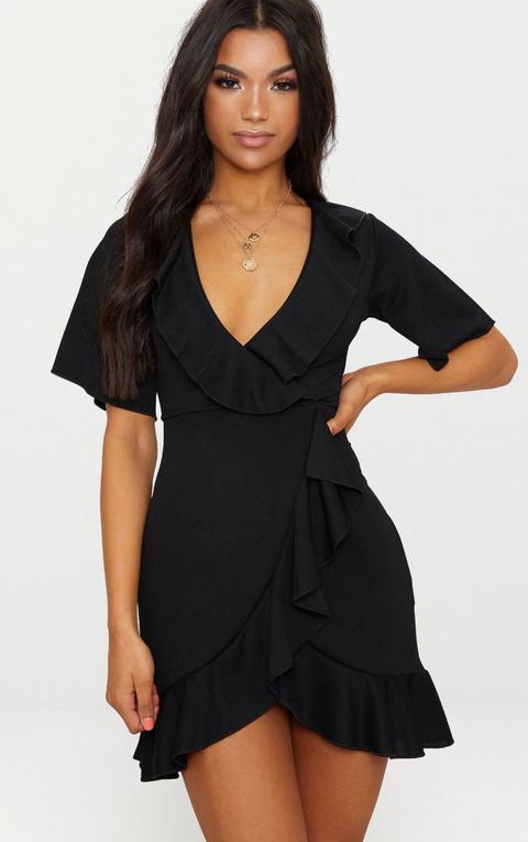 Black Frill Detail Wrap Dress