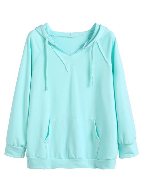 Sky Blue Drawstring Hooded Sweatshirt With Pocket