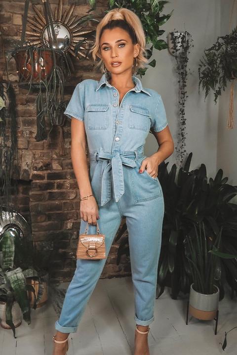 Blue Jumpsuits - Billie Faiers Blue Contrast Stitch Cap Sleeve Jumpsuit