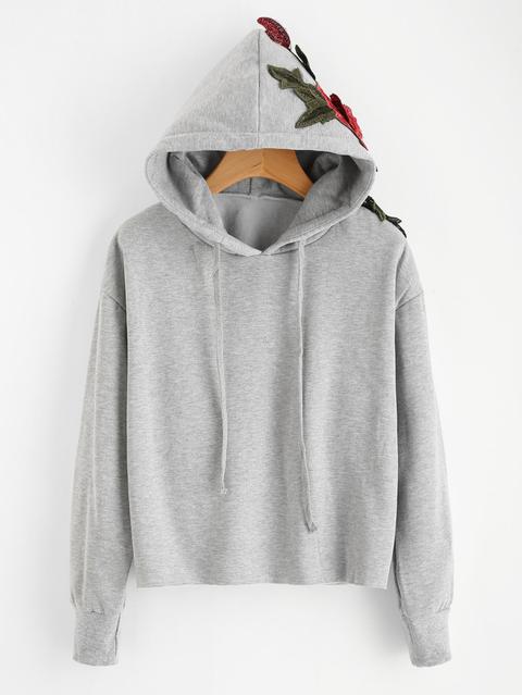 Embroidered Rose Applique Hoodie