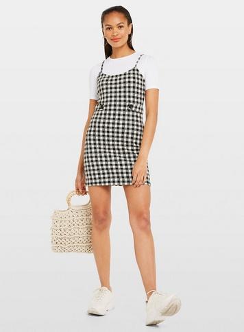 Womens Black Gingham Print Strappy Pinafore Dress, Black