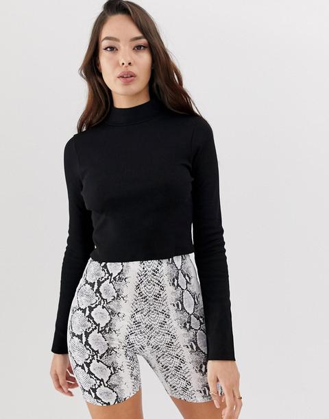 Asos Design - Top A Maniche Lunghe Corto A Coste Con Collo A Lupetto E Orlo Grezzo Nero - Nero