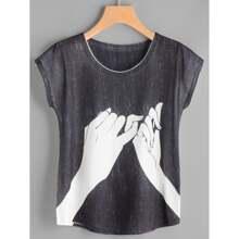 Camiseta Estampada De Mano De Manga De Casquillo