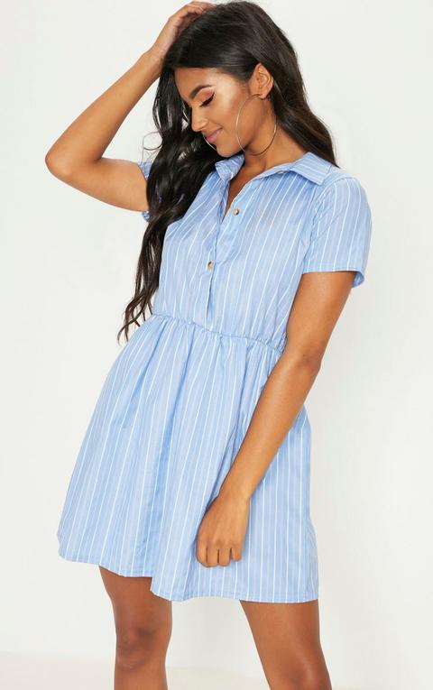 Pastel Blue Stripe Button Detail Skater Dress