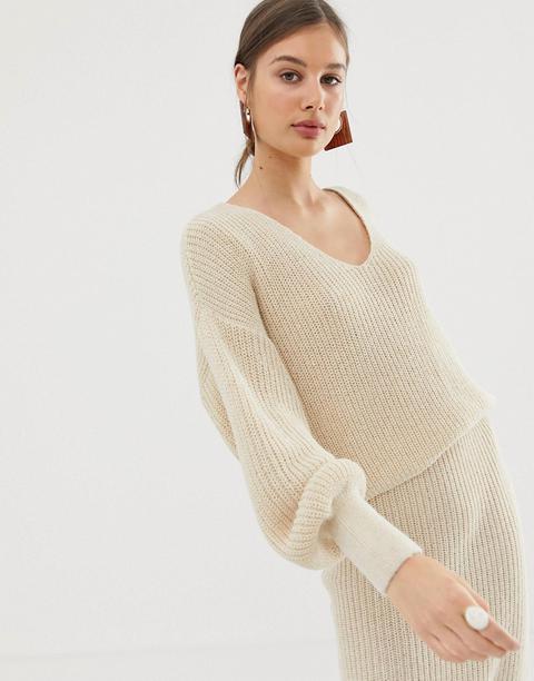 Asos Design Co-ord V Neck Jumper With Volume Sleeve-stone