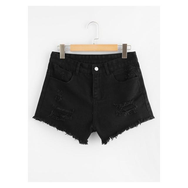 Casuale A Tinta Unita Orlare Crudo Nero Pantaloncini Di Jeans from SheIn on  21 Buttons