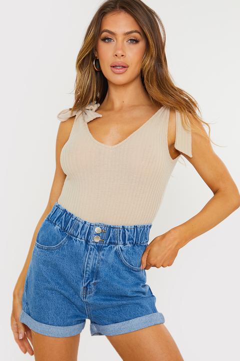Stone Bodysuits - Olivia Bowen Stone Tie Shoulder Bodysuit