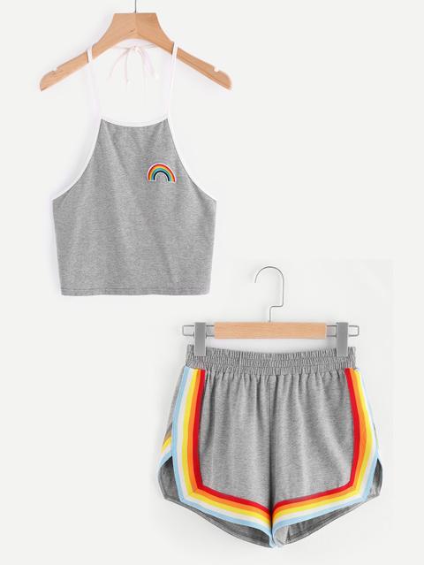 Top Allacciato Al Collo Con Toppa Dell'arcobaleno,con Pantaloncini Con Bordi Colorato