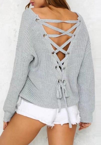 Suéter Corte Cordón Cuello En V Sin Espalda Manga Larga Gris