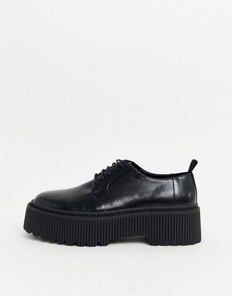 Asos Design Lace Up Shoes In Black Faux Leather With Chunky Sole