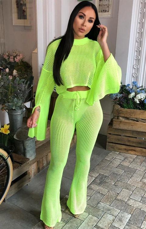 Neon Lime Mesh Flare Sleeve Knitted Loungewear Co-ord - Kai