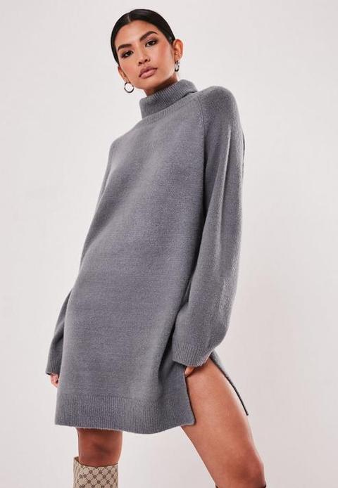 Grey High Neck Side Split Jumper, Grey