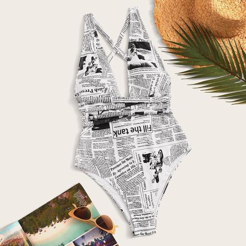 Newspaper Pattern Tie Back One Piece Swimsuit