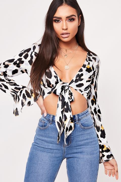 Marley White Leopard Print Satin Tie Front Top