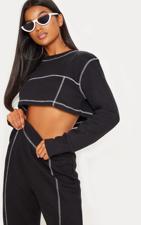 Black Contrast Stitch Crop Sweater