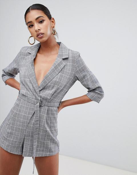 Missguided Tailored Tie Waist Playsuit In Check