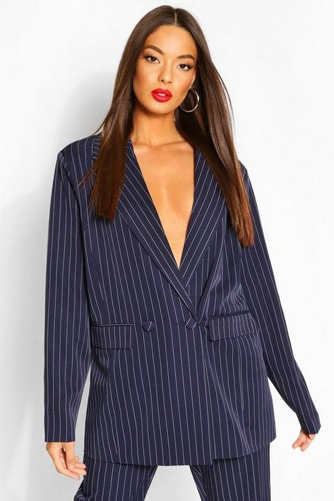 Womens Oversized Dad Fit Tailored Pinstripe Blazer - Navy - 8, Navy